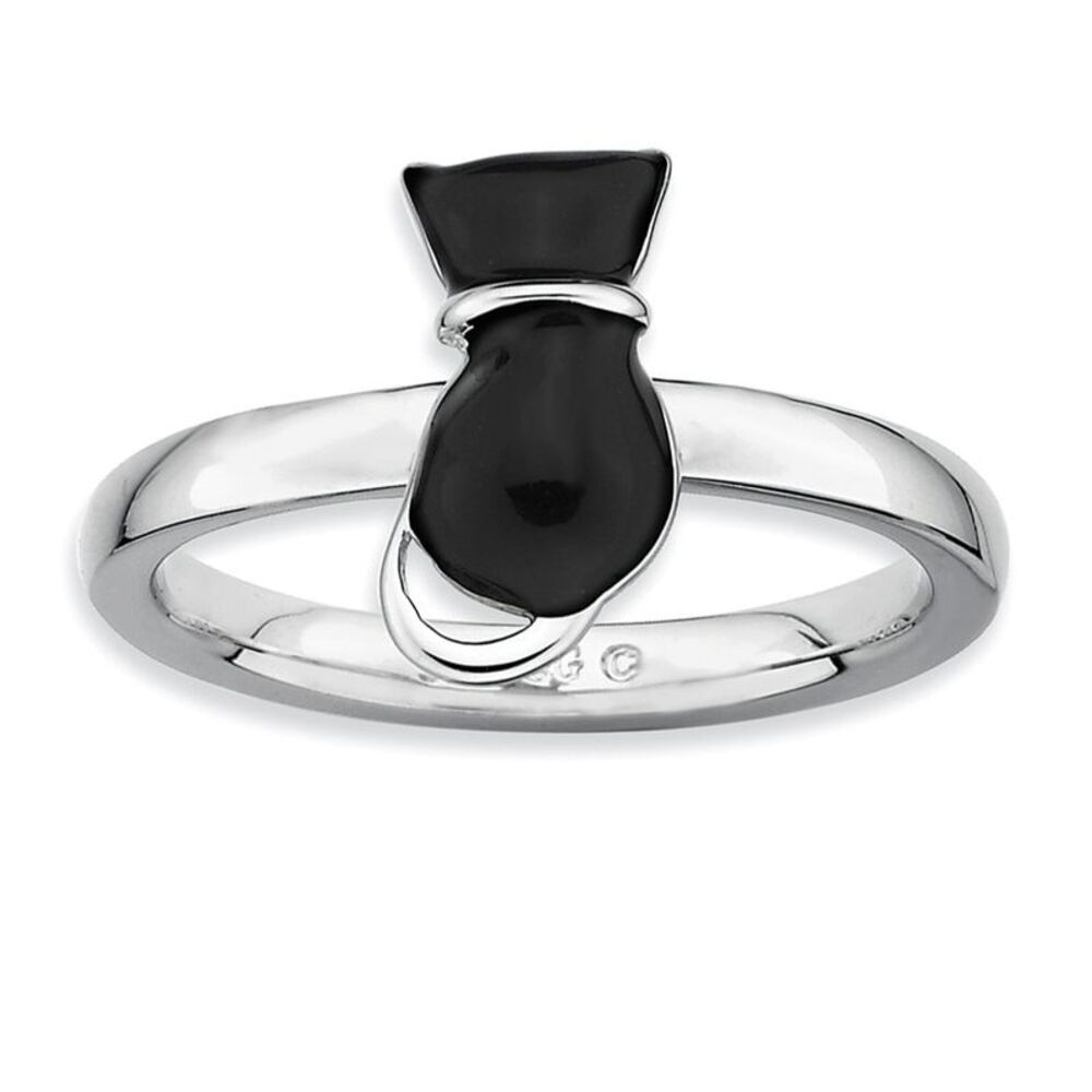 Sterling Silver Stackable Black Enameled Cat Ring Size 10